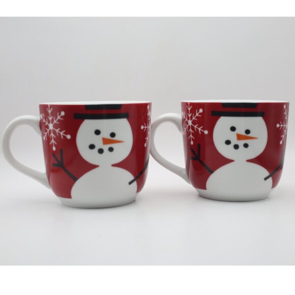 Crate and Barrel Snowman Black Top Hat Red White Mugs Set of 2 12 Ounce - Picture 3 of 6